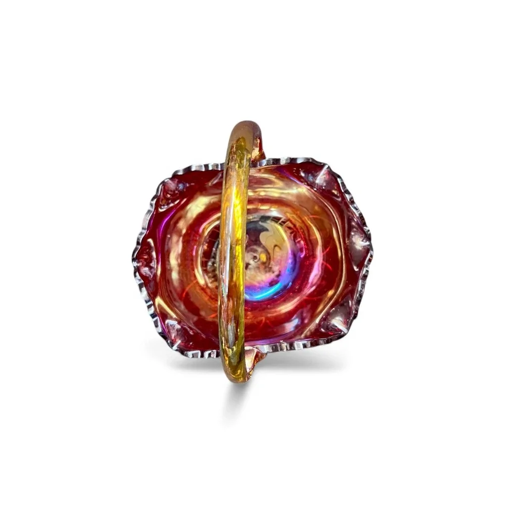 Carnival Glass Candy Dish Basket Hobnail Handle Iridescent Ruby Red Amber